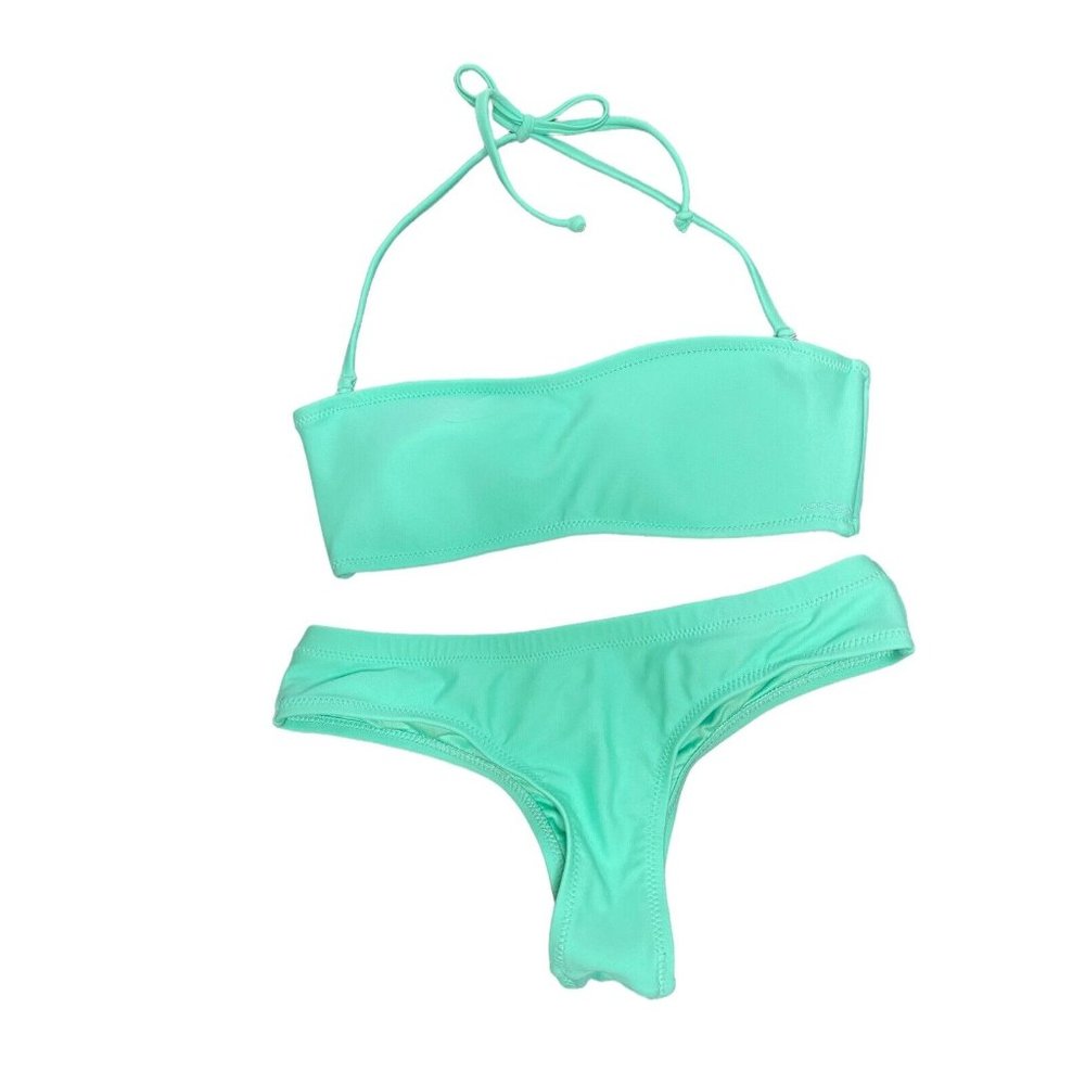 Volcom Bikini Swimsuit Set (S) Aqua Padded Strapless Bandeau and Cheeky Bottom